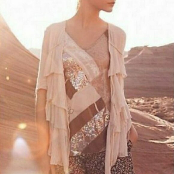 Anthropologie Moth Cream Tiered Ruffle Linen blend Cardigan - Picture 1 of 4